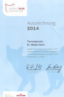 Mit diesem Zertifikat wird diese Tierarztpraxis für ihre Katzenfreundlichkeit ausgezeichnet.